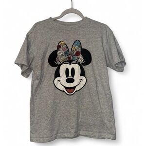 Disney Minnie Mouse Embroidered Floral Bow Graphic T-Shirt Gray Freeze Womens SM